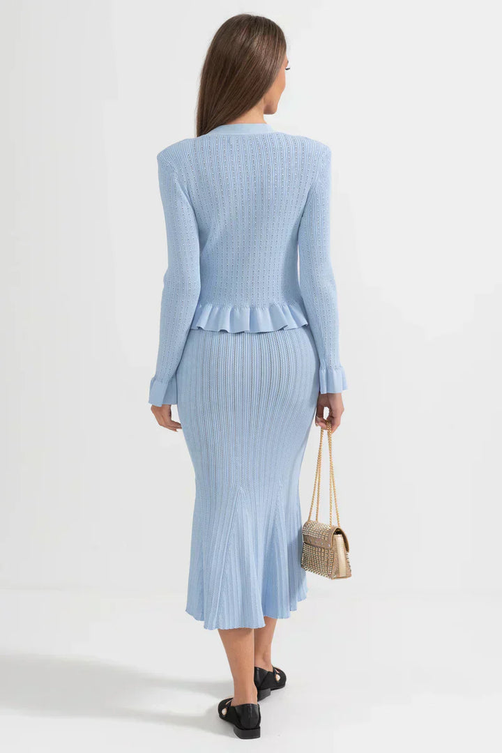 Prudence Knit Ensemble: Ruffled Cardigan and Flared Midi Skirt