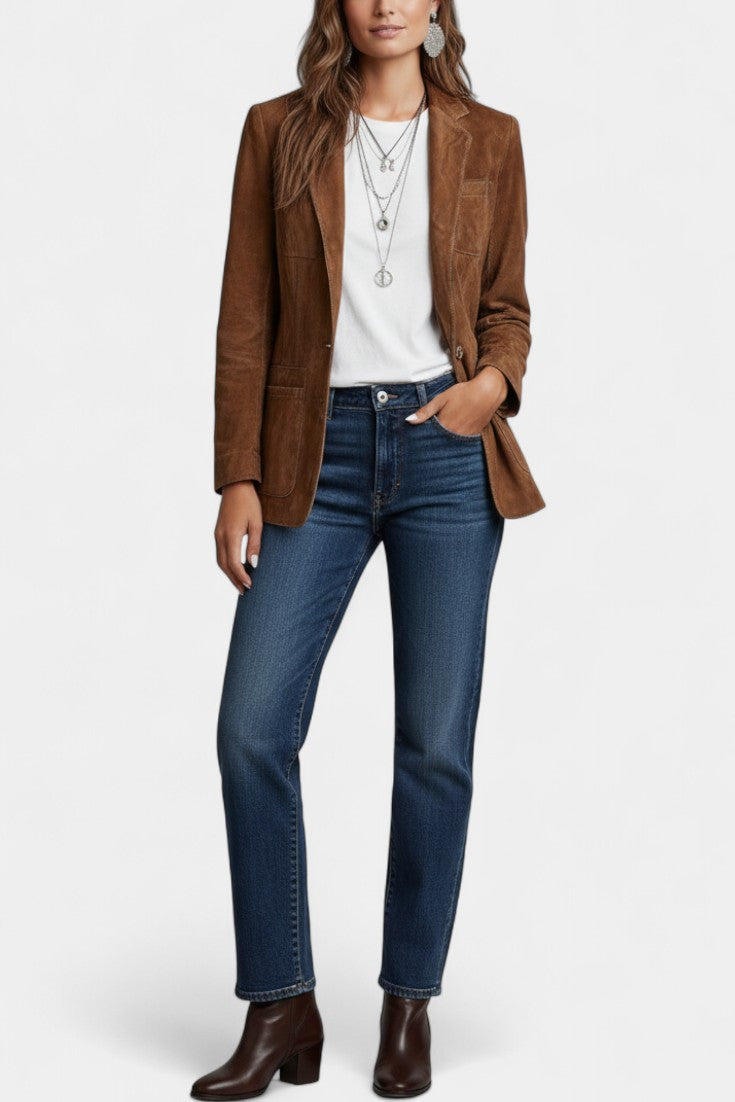 Tanja Retro Brown Suede Jacket with Contrasting Stitch Details