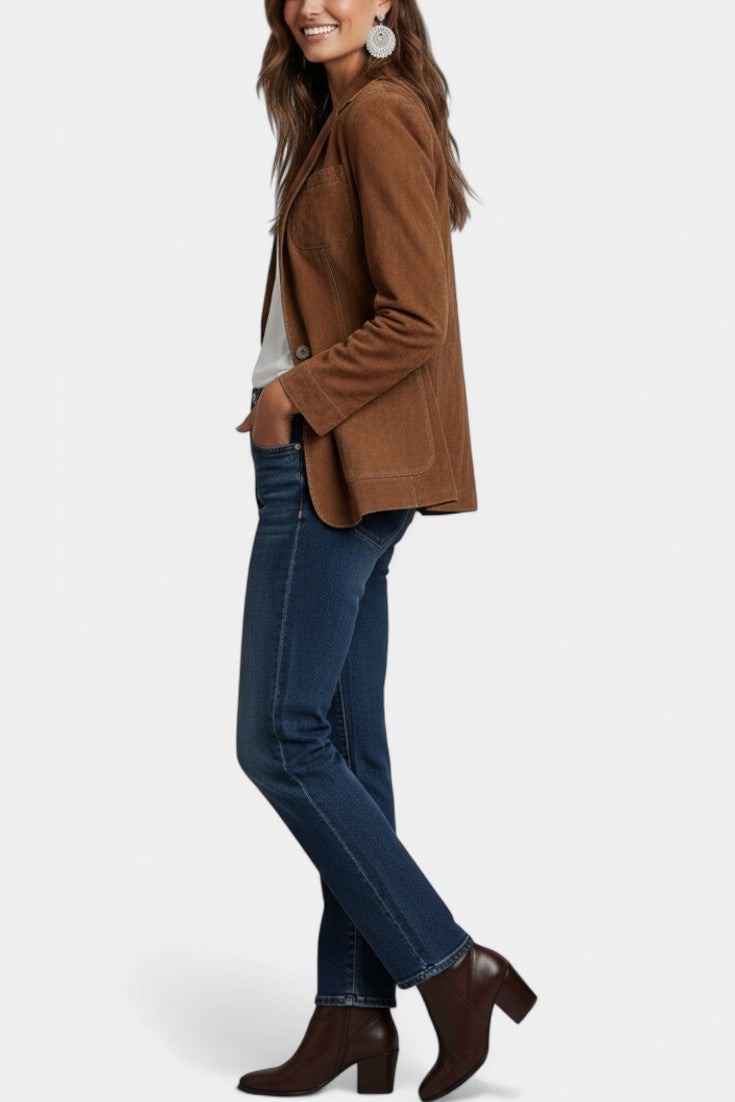Tanja Retro Brown Suede Jacket Featuring Contrast Stitching