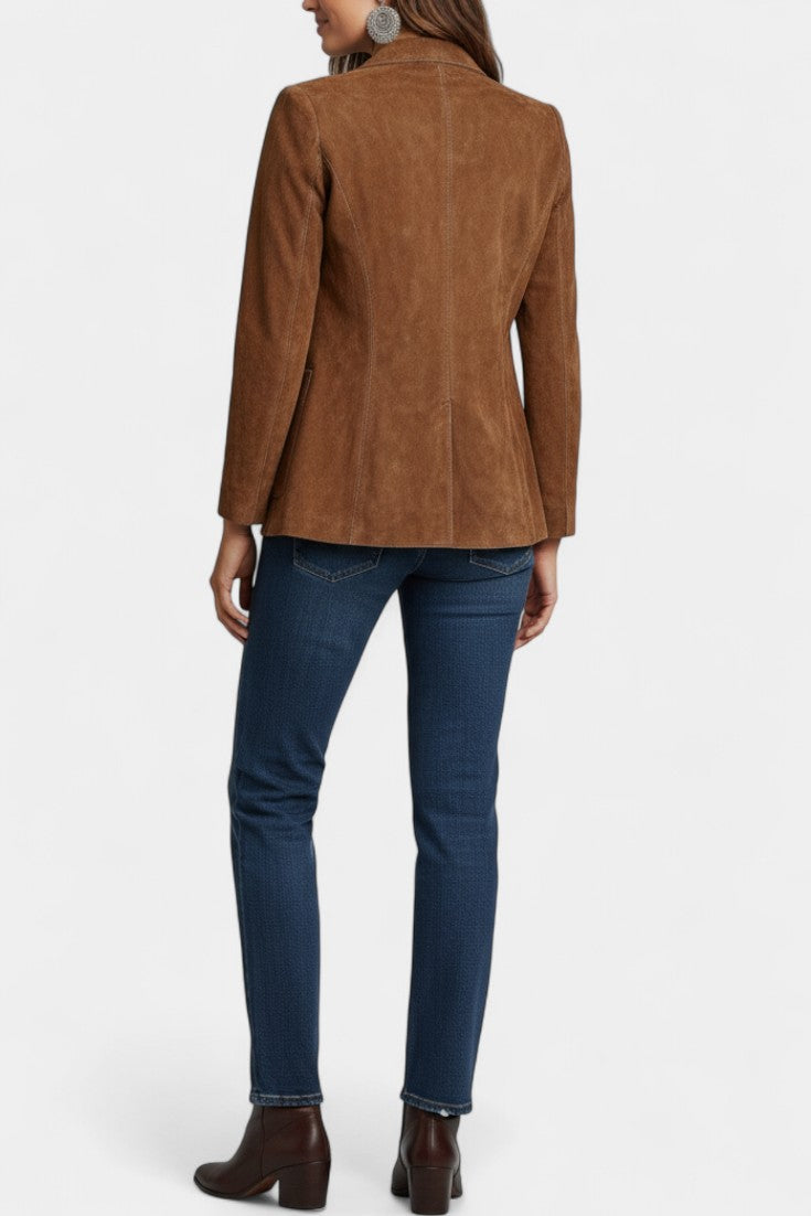 Tanja Retro Brown Suede Jacket with Contrasting Stitch Details