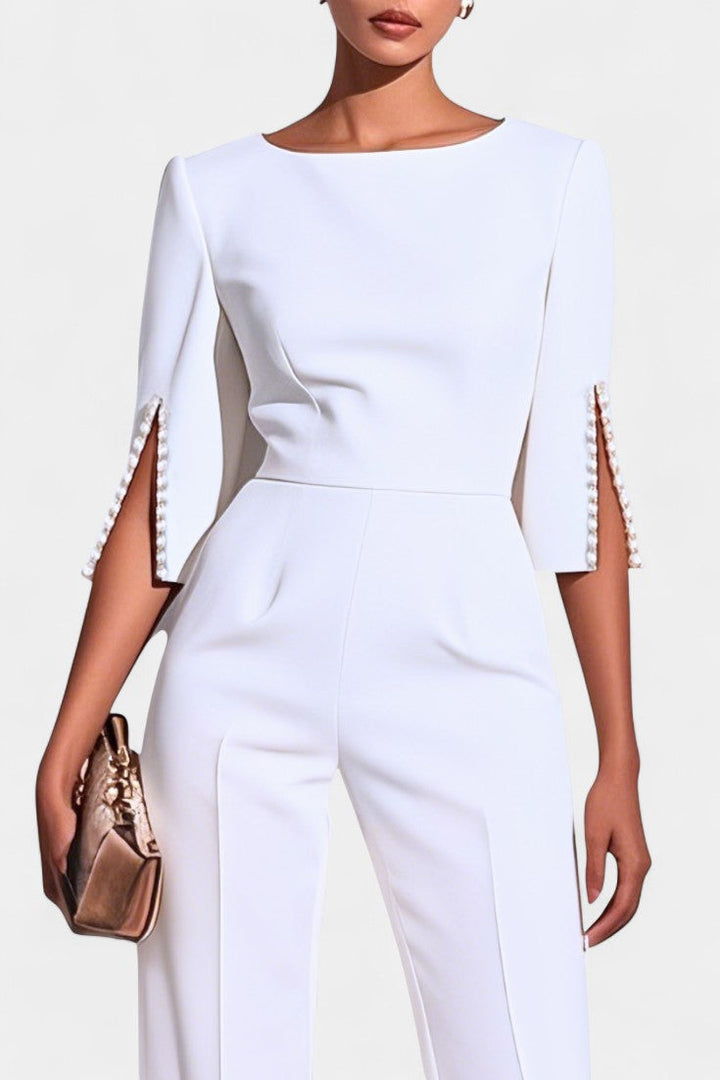 Chic Three-Quarter Sleeve Jumpsuit with Pearl Accents