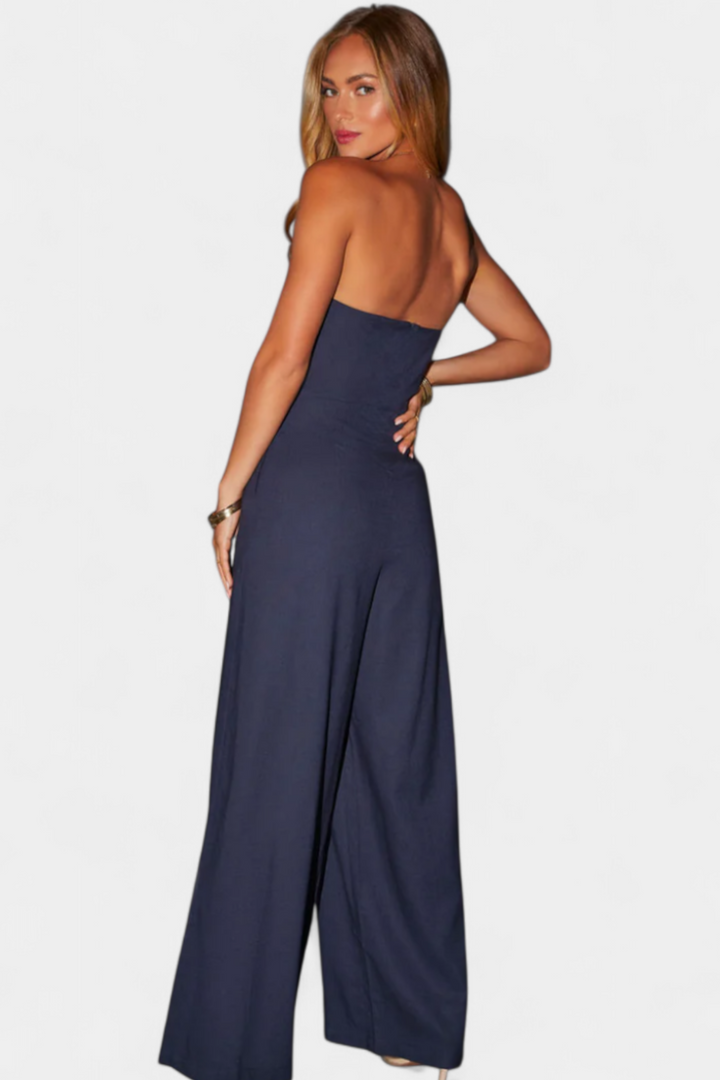 Structured Neckline Sleeveless Jumpsuit with Wide-Leg Pants by Llona