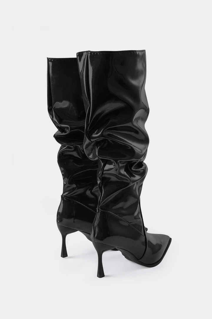 Pleated Faux Leather Pointed Toe Boots
