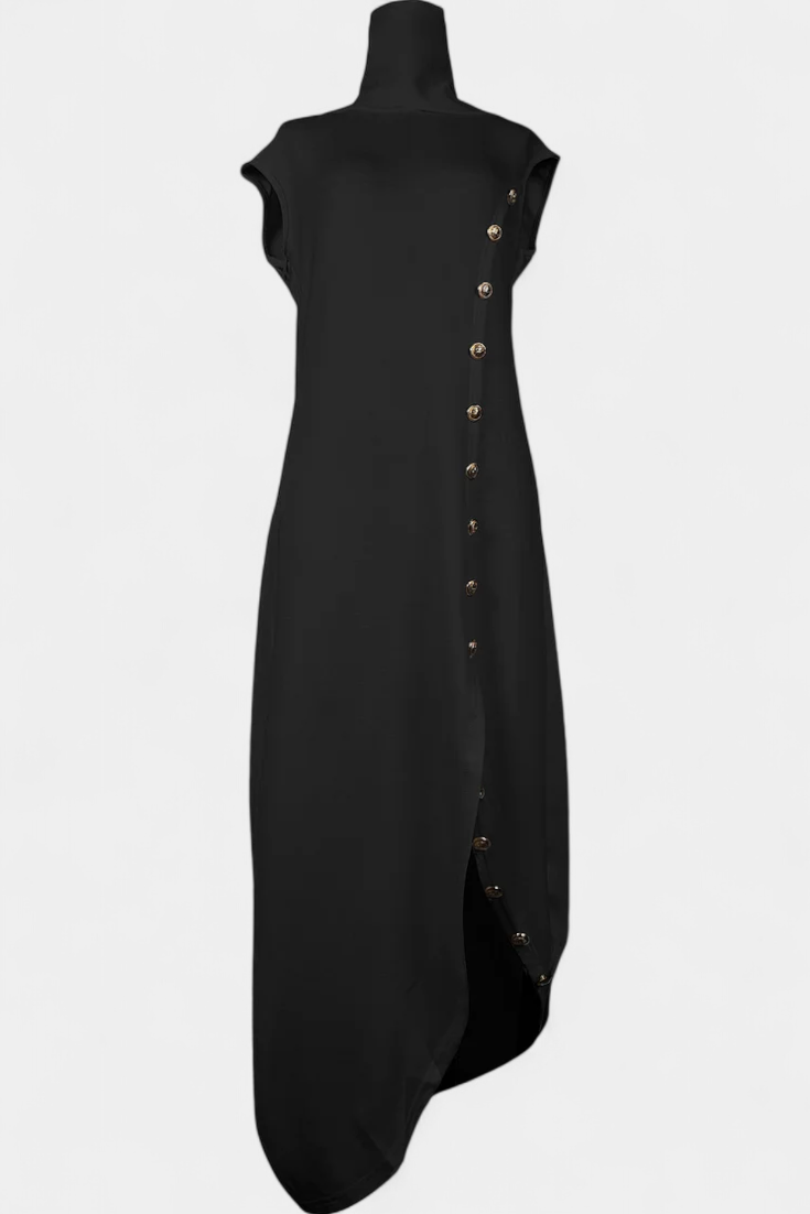 Asymmetrical Sleeveless Dress by Aphrodite Featuring Elegant Golden Buttons
