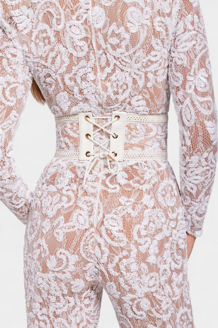 Jimena Corset-Belted Sequined Lace Jumpsuit