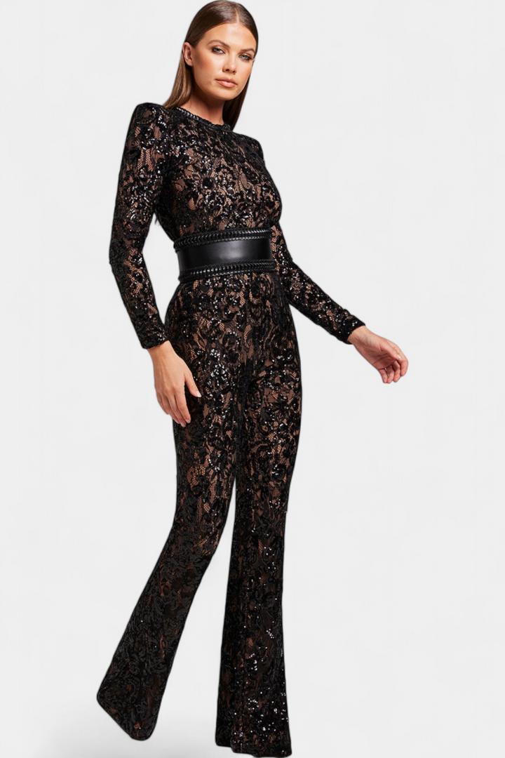 Jimena Corset-Belted Sequined Lace Jumpsuit