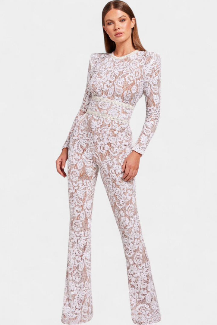 Jimena Corset-Belted Sequined Lace Jumpsuit
