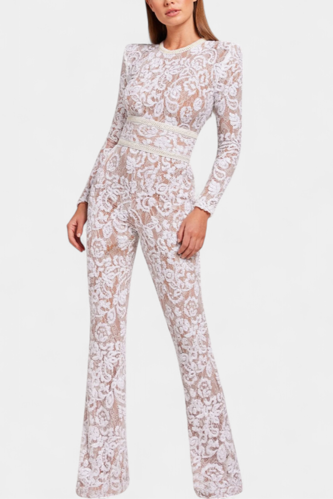Jimena Corset-Belted Sequined Lace Jumpsuit