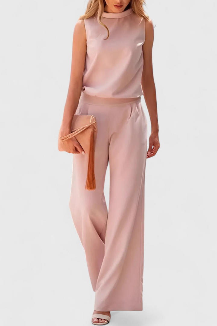 Winnie Wide-Leg Fluid Jumpsuit with Round Neck