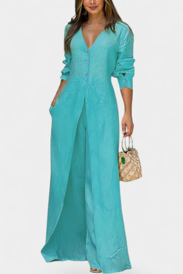Whitney V-Neck Fluid Jumpsuit with Front Slit