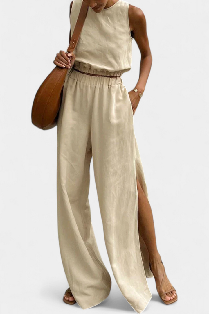 Portia Sleeveless Cotton-Linen Set with Wide-Leg Trousers
