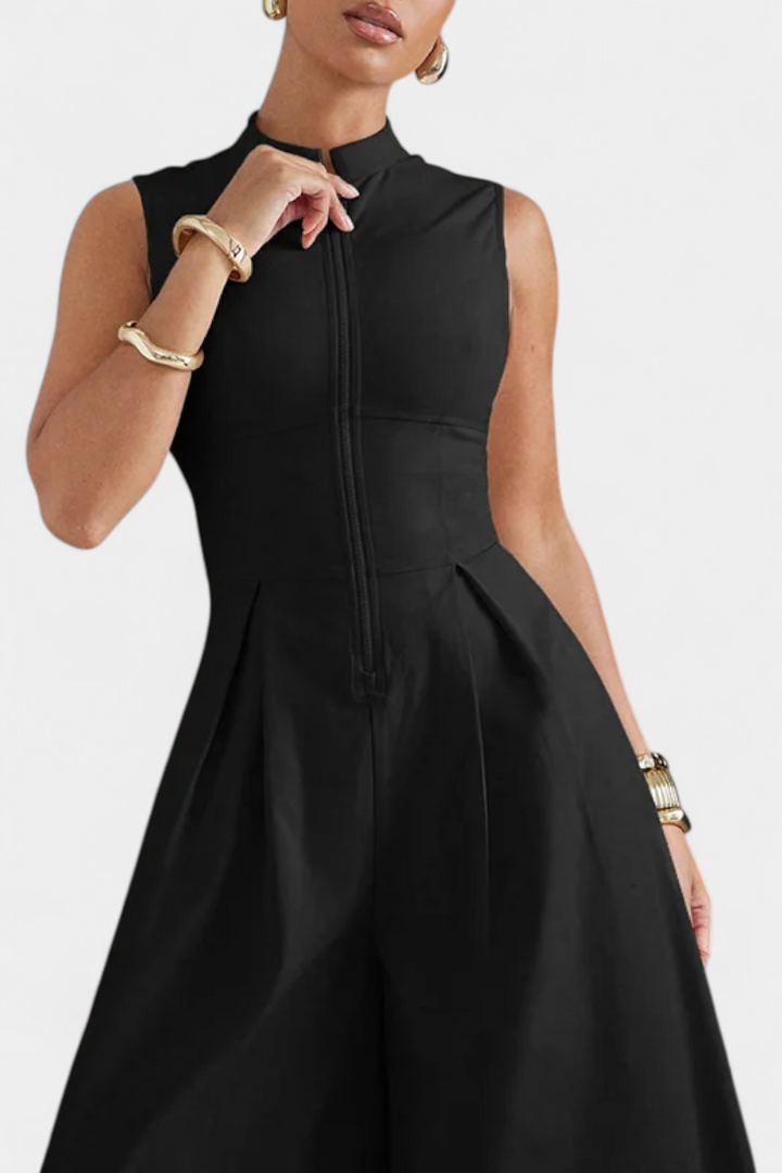 Blanca Pleated Wide Leg Jumpsuit with Round Neck