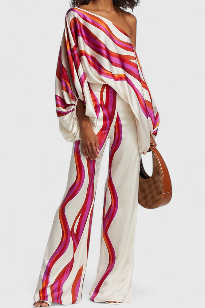 Artistic Print Off-the-Shoulder Top and Wide-Leg Pants Set by Sybella