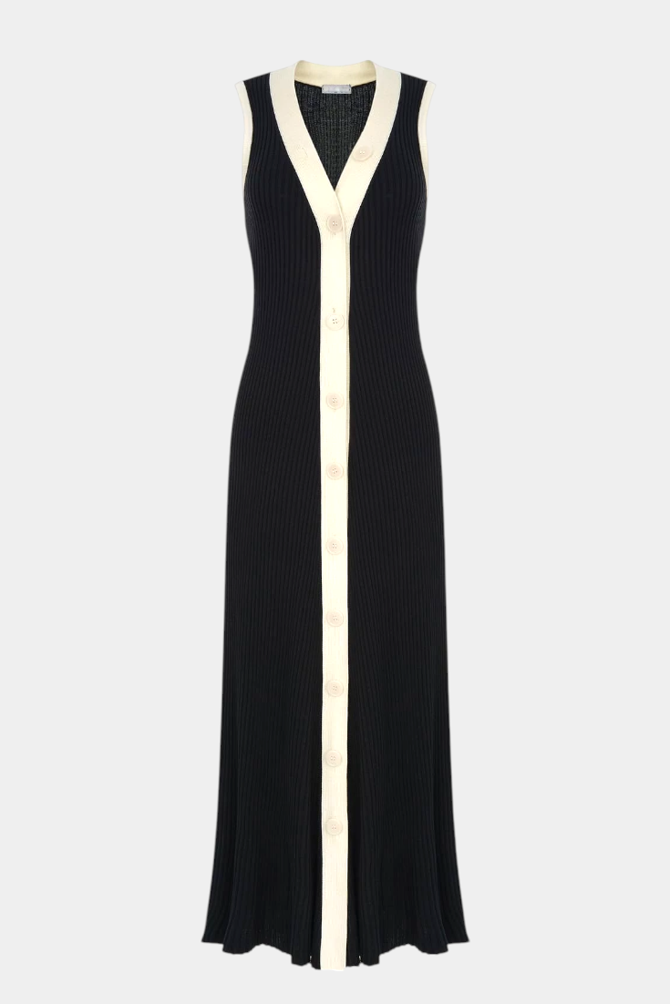 Brielle V-Neck Long Ribbed Dress with Contrast Button Detail