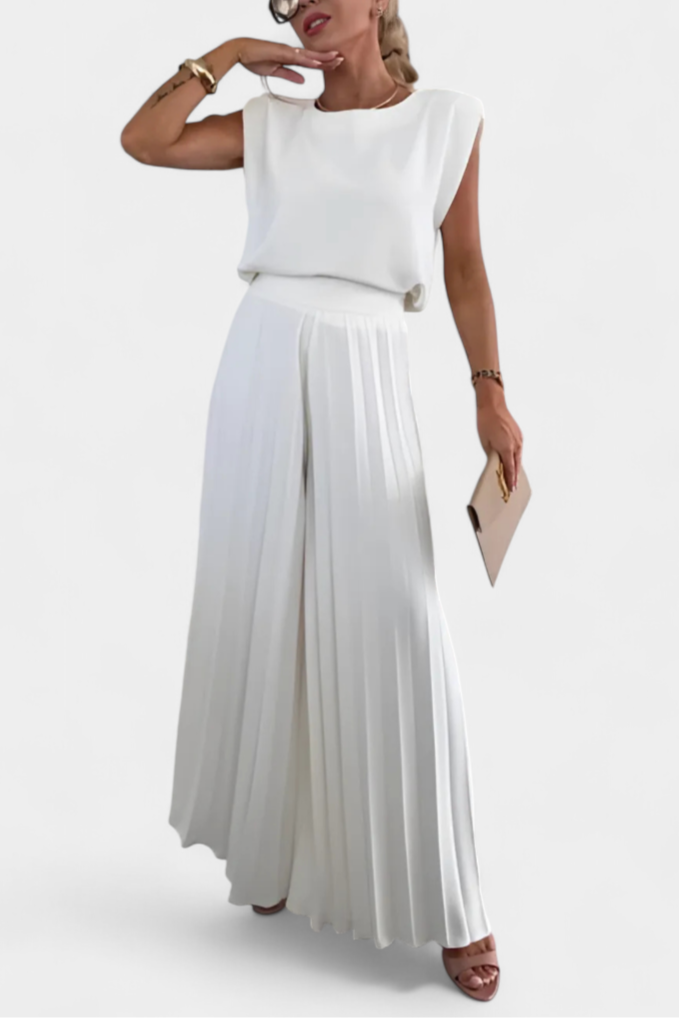 Liora Sleeveless Backless Ensemble with Flowing Wide-Leg Pleated Trousers