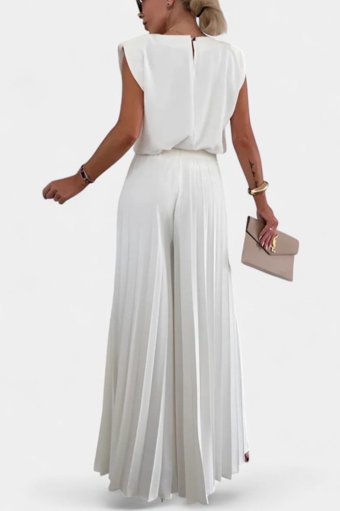 Liora Sleeveless Backless Ensemble with Flowing Wide-Leg Pleated Trousers