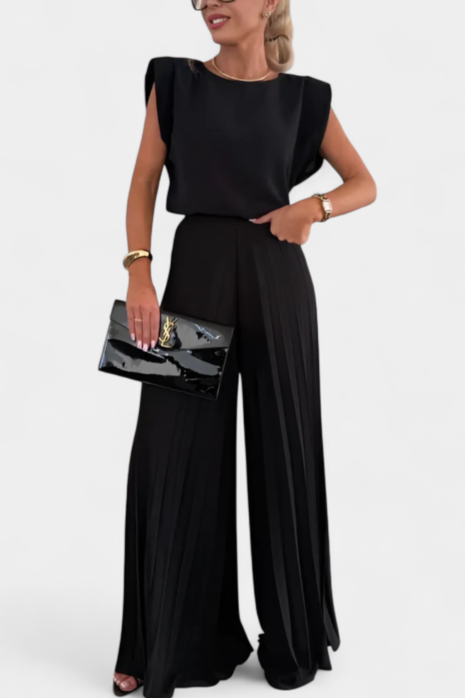 Liora Sleeveless Backless Ensemble with Flowing Wide-Leg Pleated Trousers