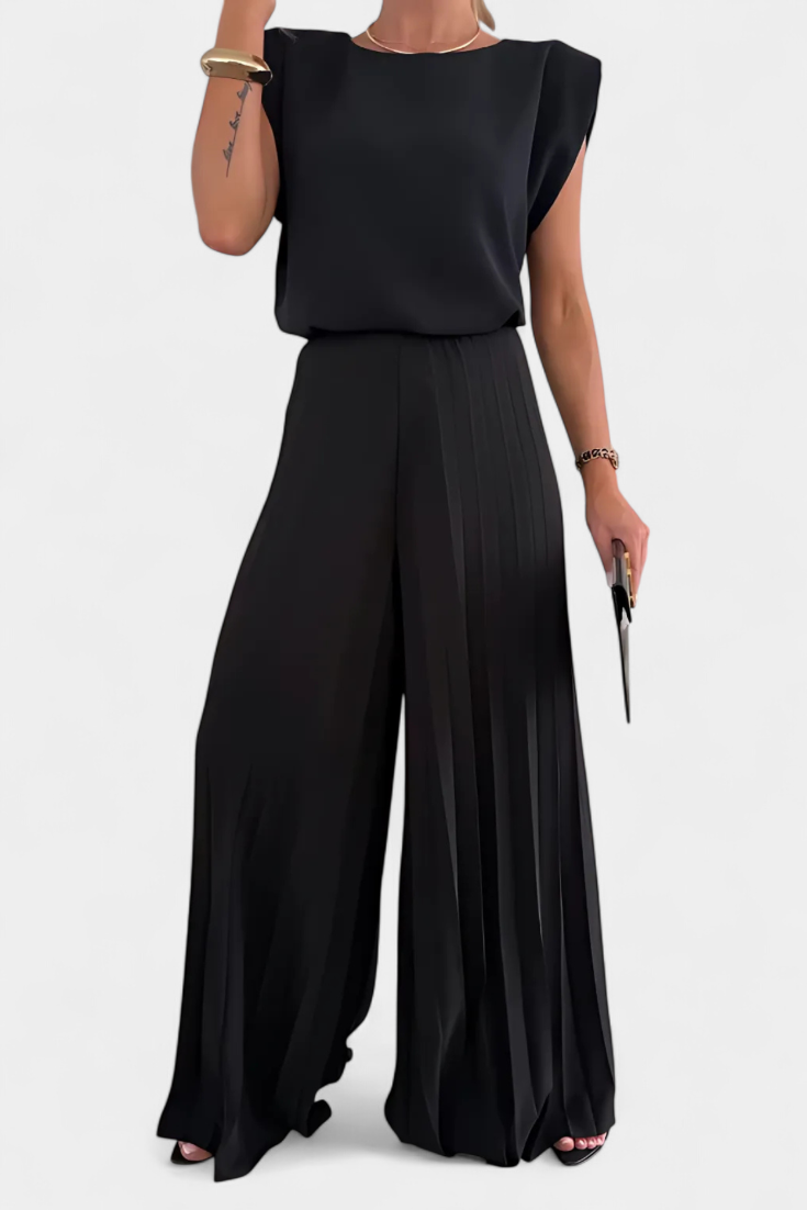 Liora Sleeveless Backless Ensemble with Flowing Wide-Leg Pleated Trousers