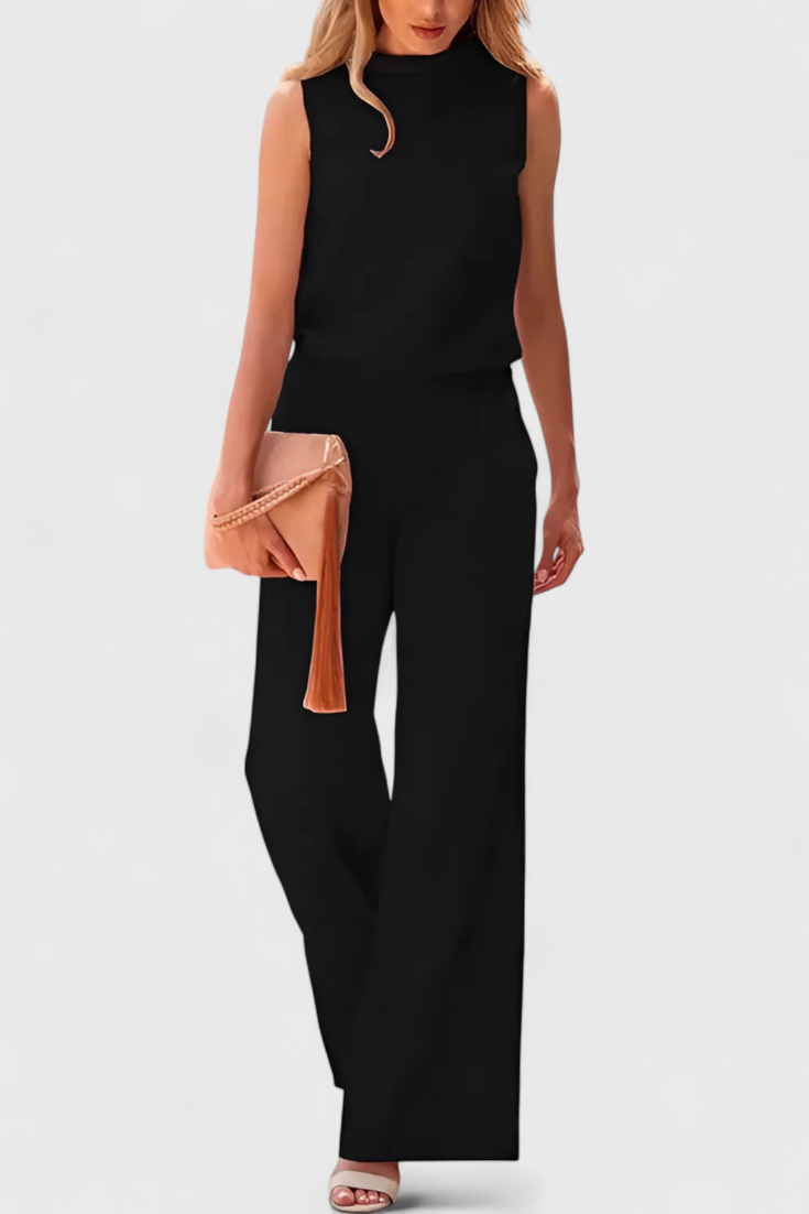 Winnie Wide-Leg Fluid Jumpsuit with Round Neck