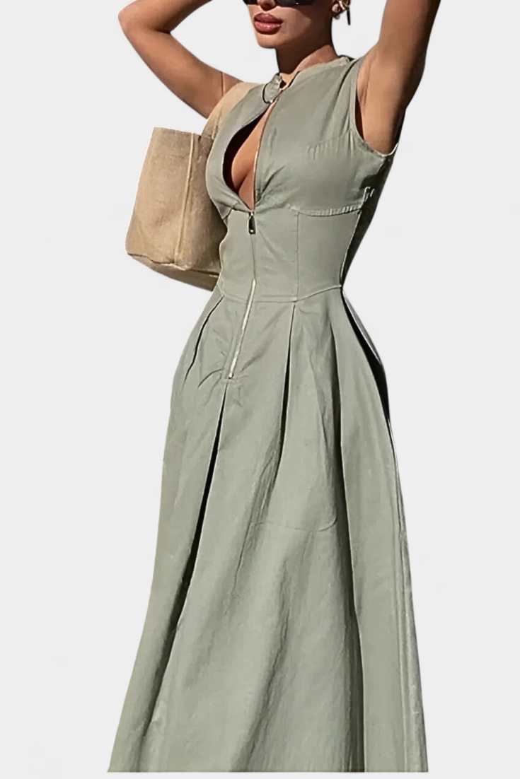 Blanca Pleated Wide Leg Jumpsuit with Round Neck