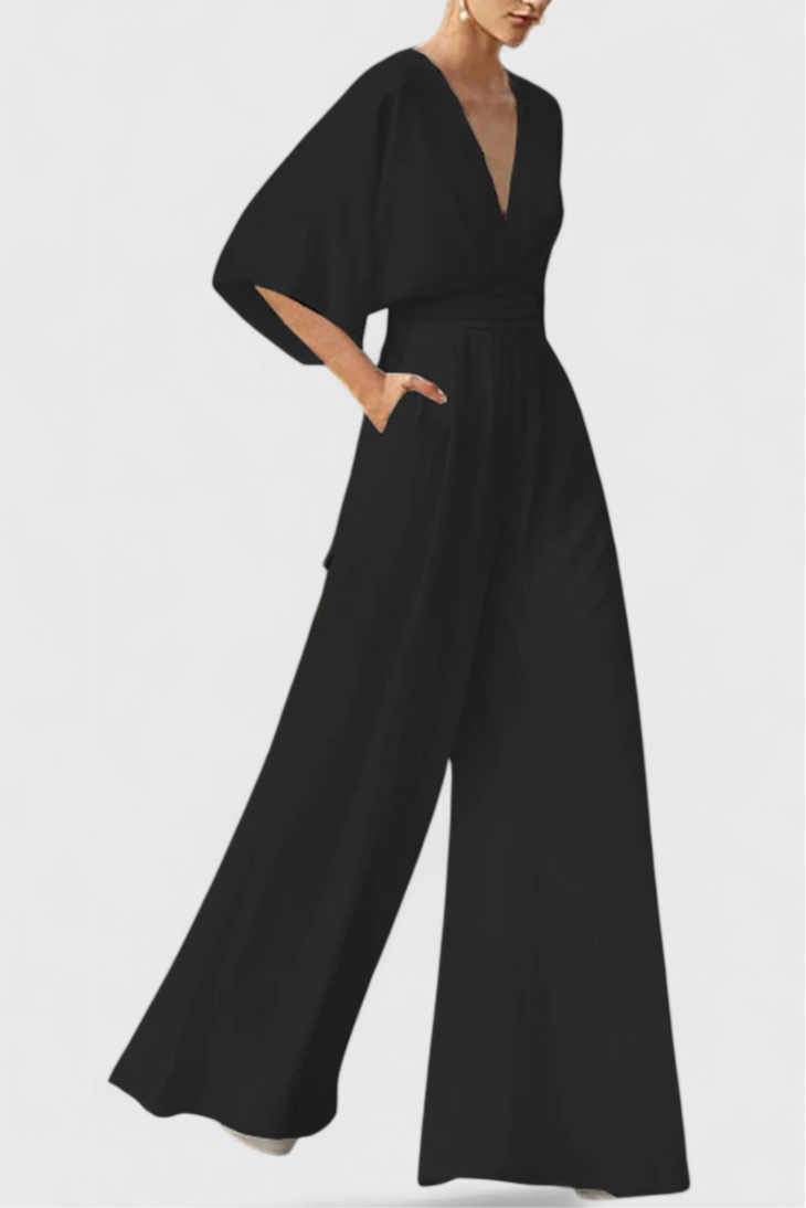 Isaura Chic Jumpsuit with Cape Sleeves and V-Neck Design