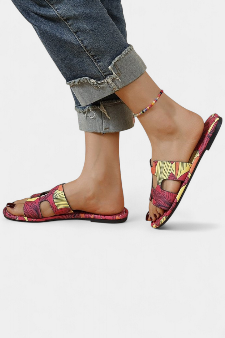 Tropical Print Open Design Berenice Flat Sandals