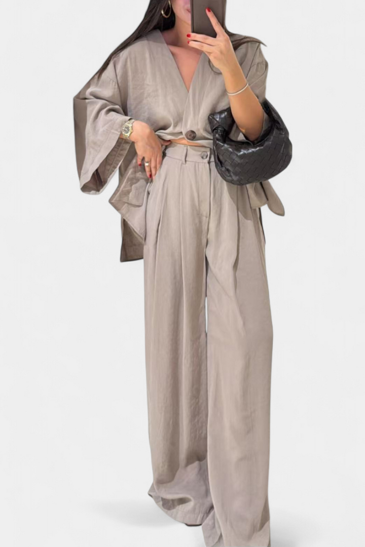 Eli V-Neck Top with Straight-Leg Pants Set