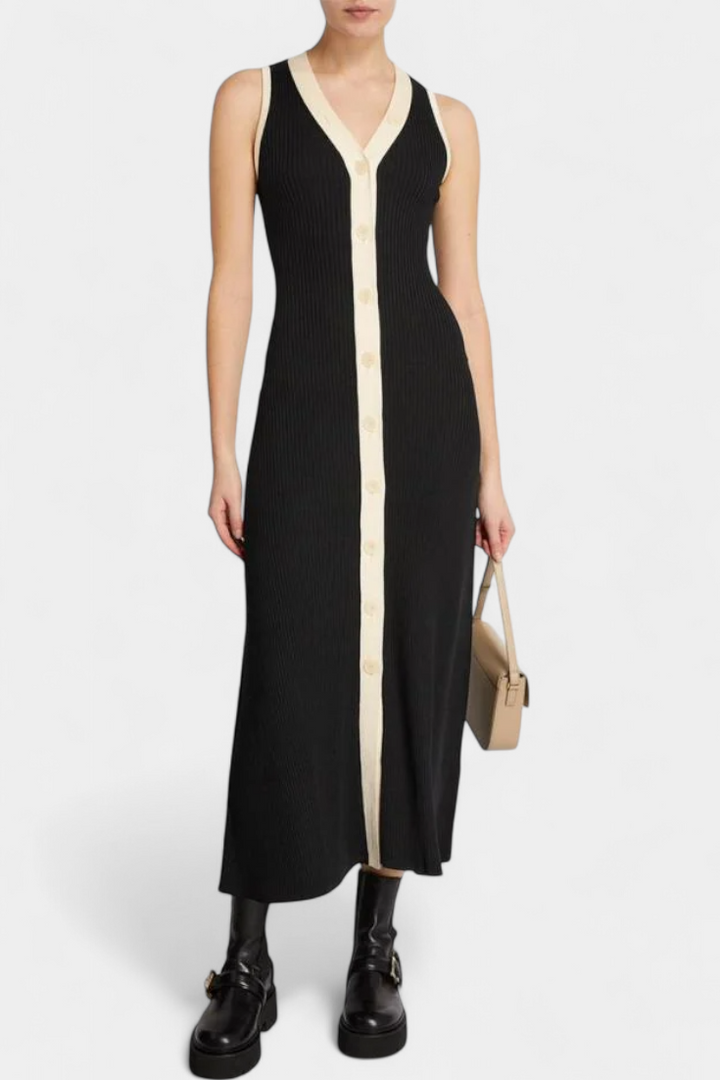 Brielle V-Neck Long Ribbed Dress with Contrast Button Detail