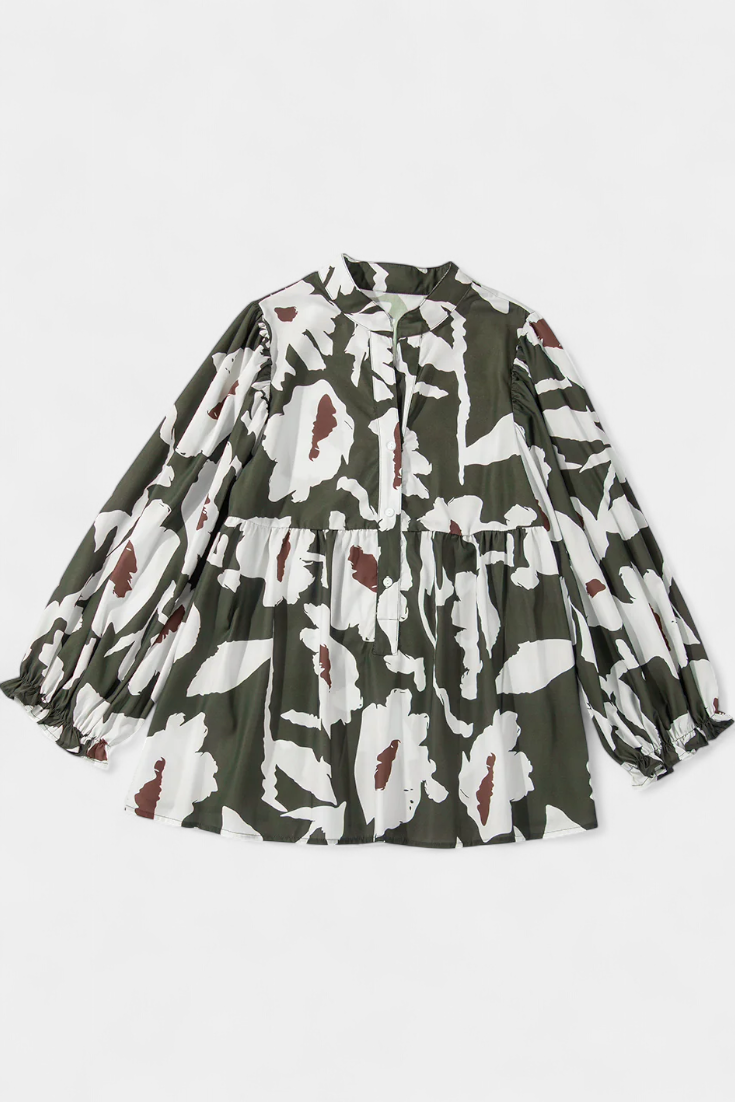 Filomena Relaxed Blouse with Puff Sleeves and Abstract Floral Design