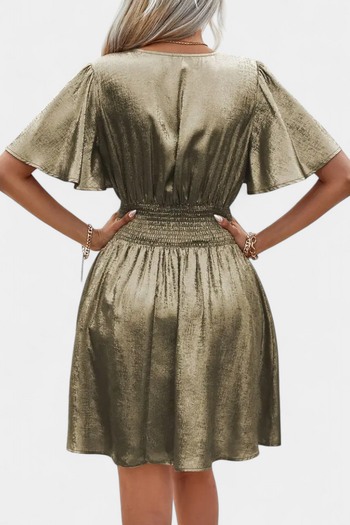 Adalee V-Neck Wrap Dress with Elegant Flowing Sleeves