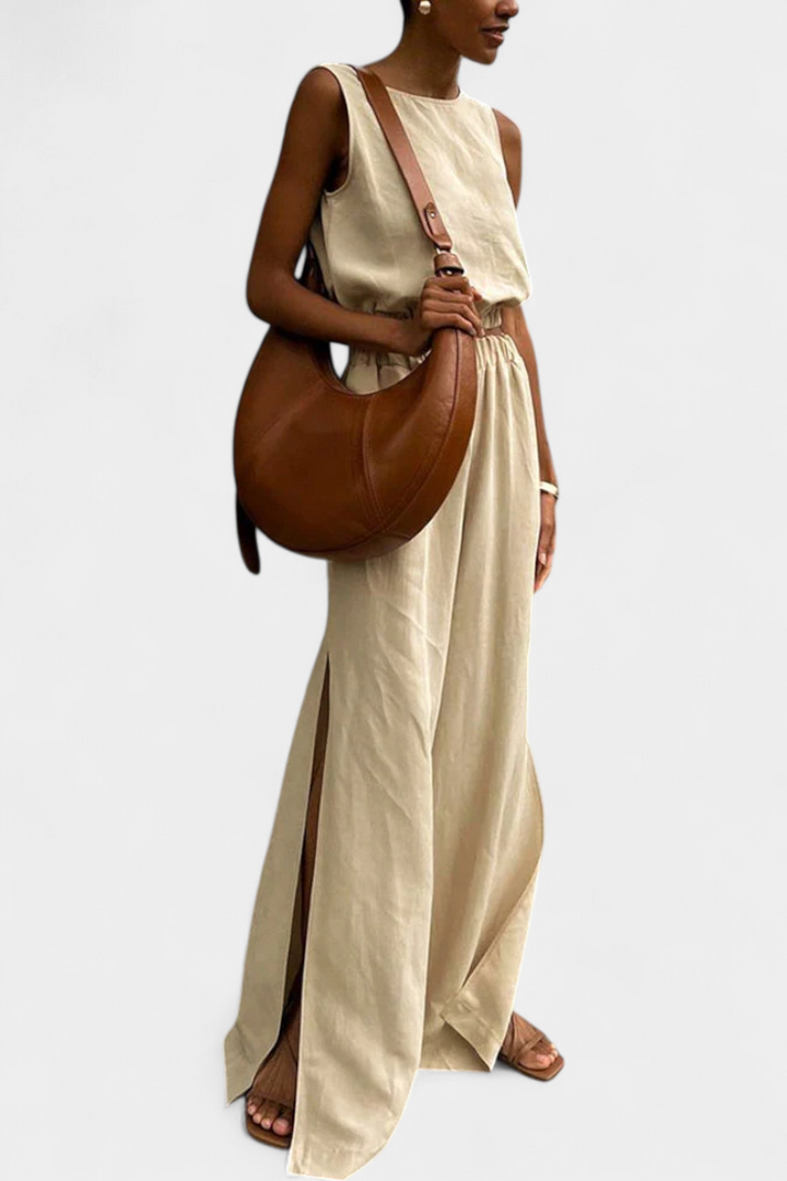 Portia Sleeveless Cotton-Linen Set with Wide-Leg Trousers
