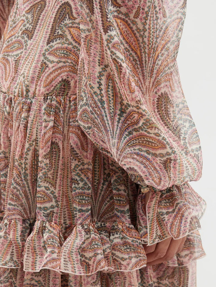 Ayla V-Neck Long Flounced Dress in Bohemian Paisley Print