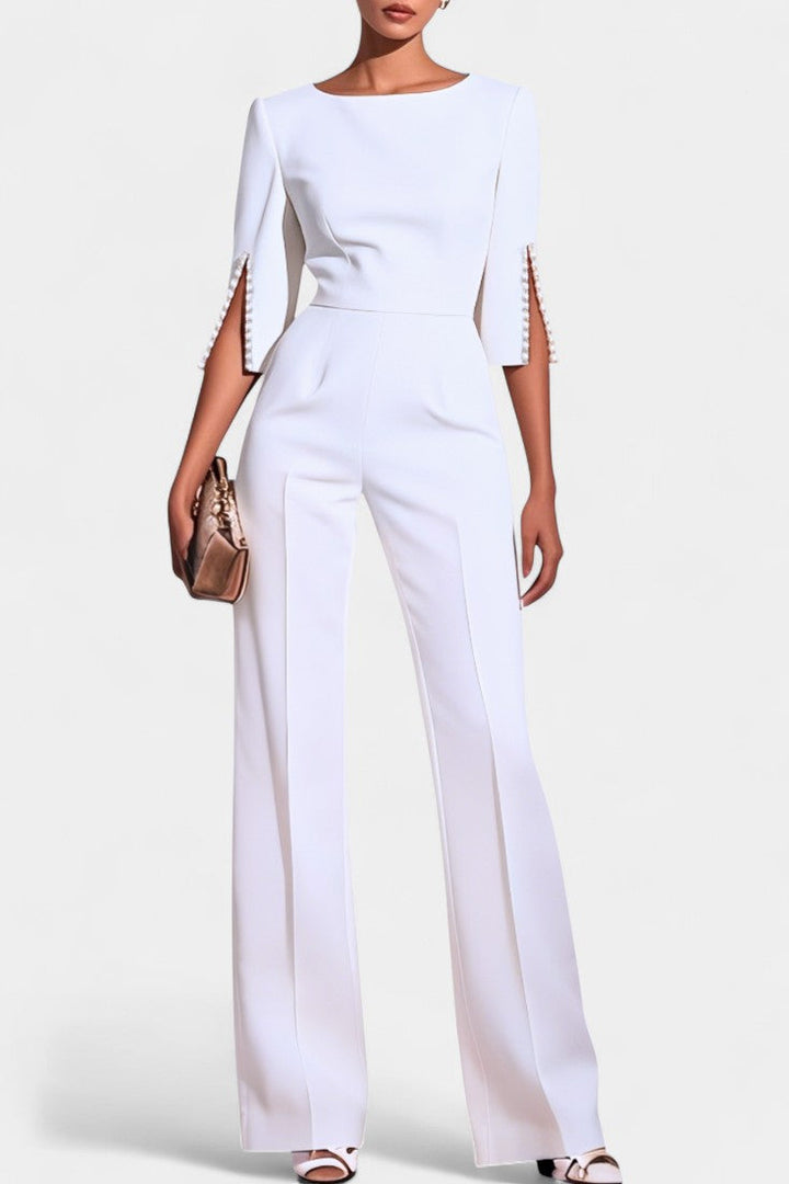 Chic Three-Quarter Sleeve Jumpsuit with Pearl Accents