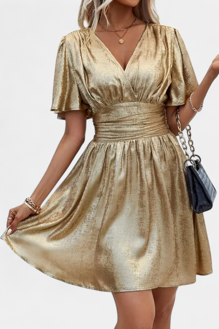 Adalee V-Neck Wrap Dress with Elegant Flowing Sleeves