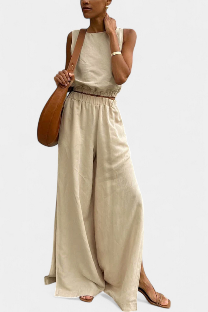 Portia Sleeveless Cotton-Linen Set with Wide-Leg Trousers