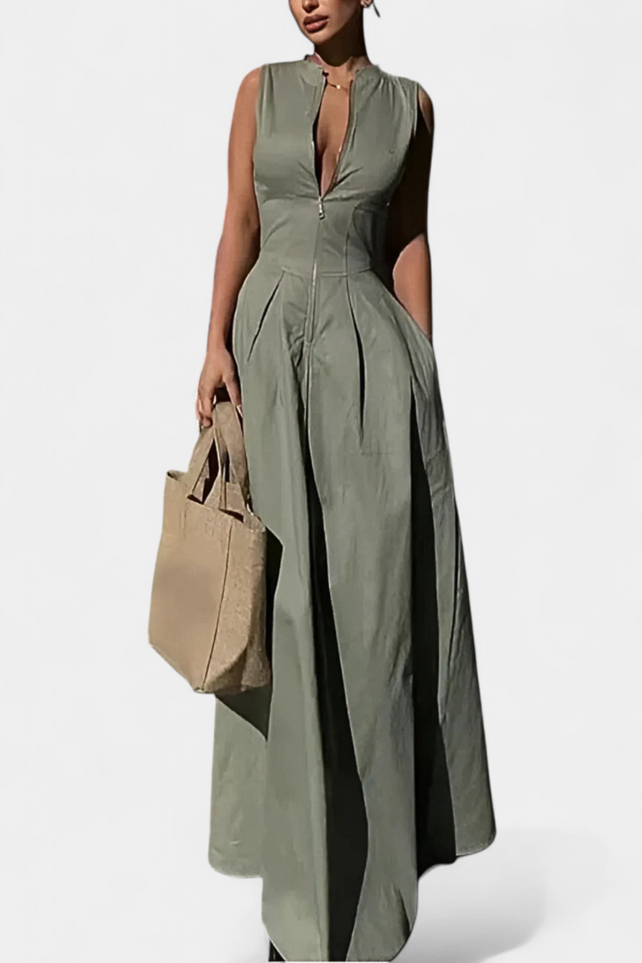 Blanca Pleated Wide Leg Jumpsuit with Round Neck