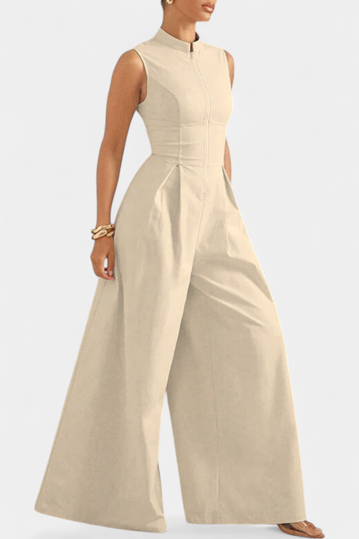 Blanca Pleated Wide Leg Jumpsuit with Round Neck