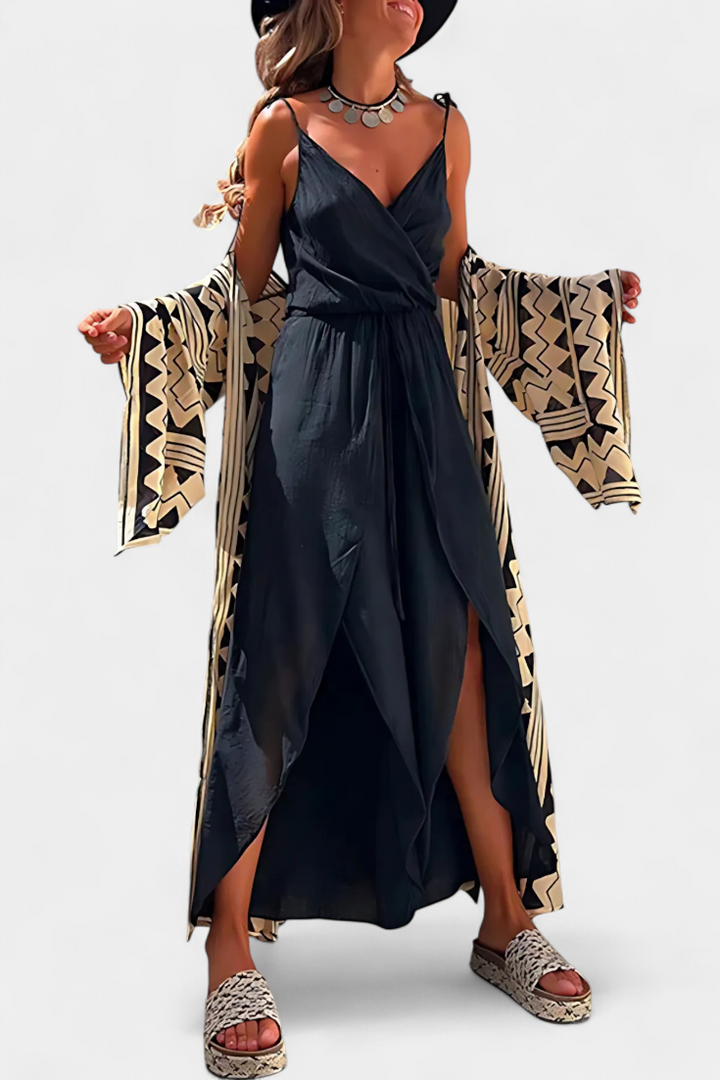 Donatila Washed Cotton Jumpsuit with Crisscross Neckline and Open Legs