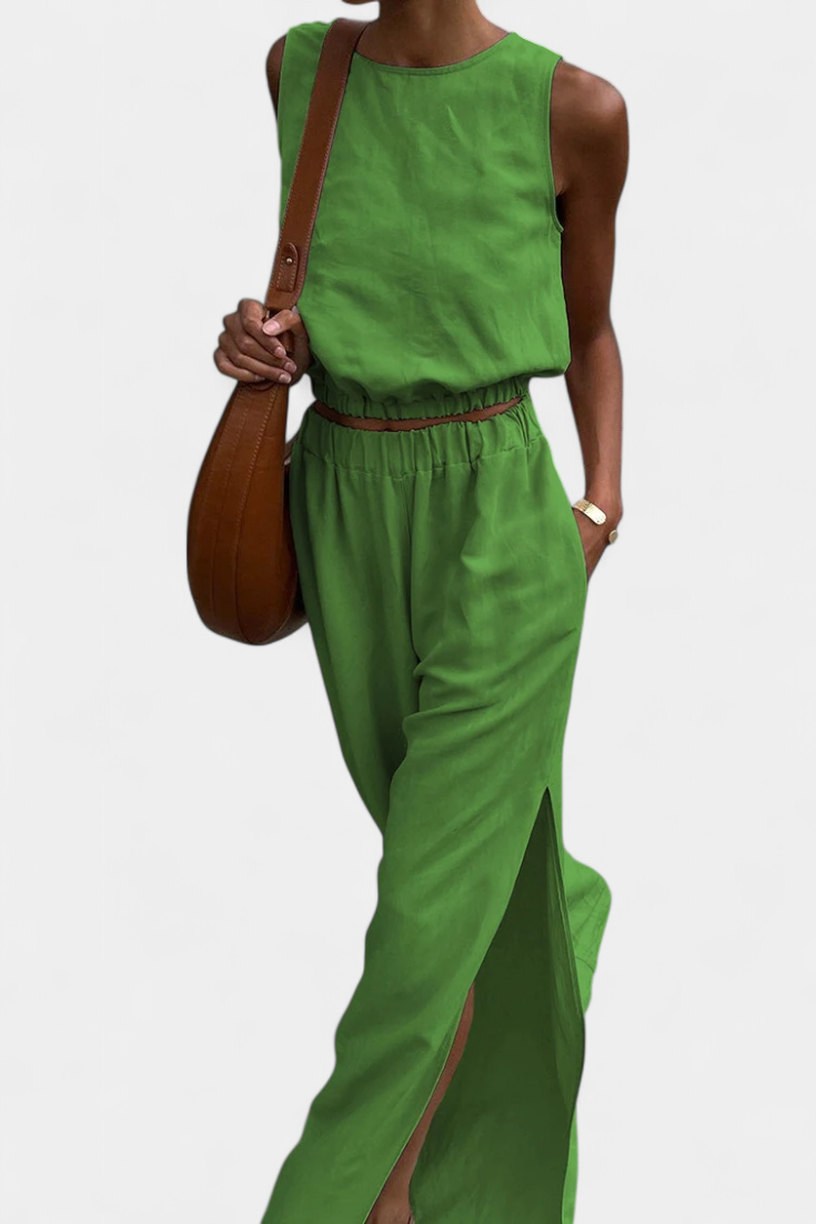 Portia Sleeveless Cotton-Linen Set with Wide-Leg Trousers