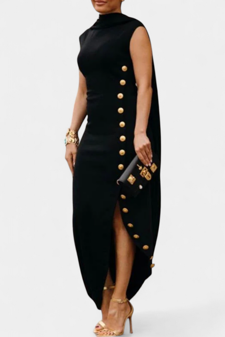 Asymmetrical Sleeveless Dress by Aphrodite Featuring Elegant Golden Buttons