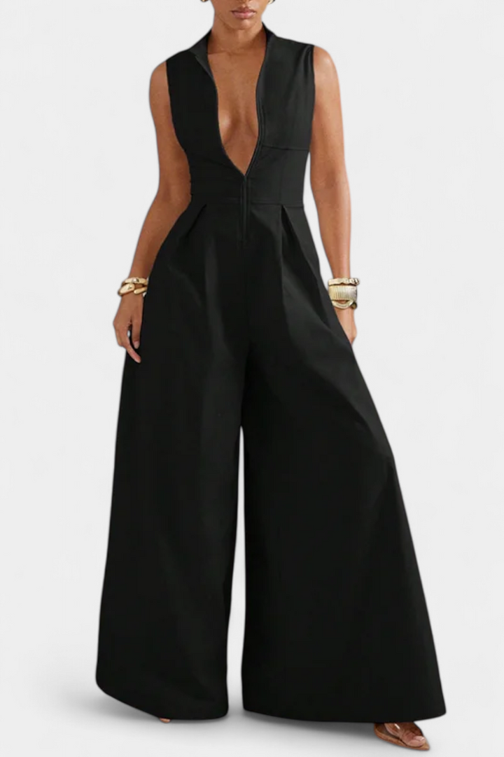 Blanca Pleated Wide Leg Jumpsuit with Round Neck