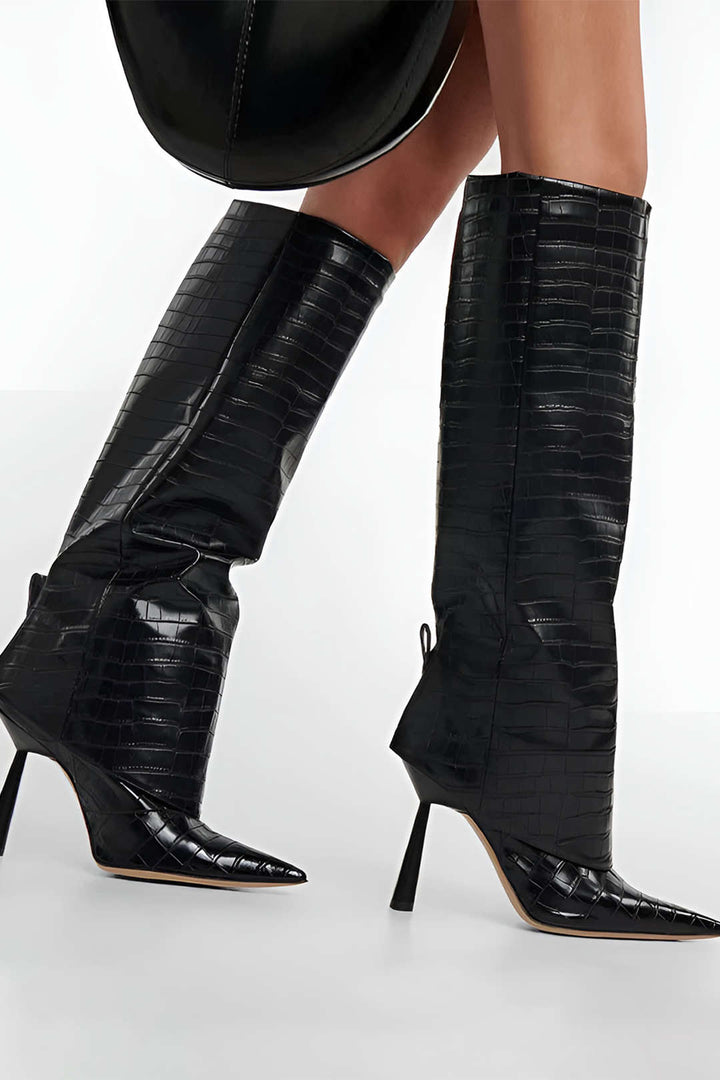 Pointed Toe High Heeled Boots in Crocodile-Patterned Synthetic Leather