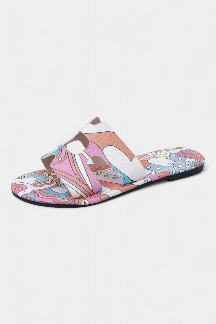 Tropical Print Open Design Berenice Flat Sandals