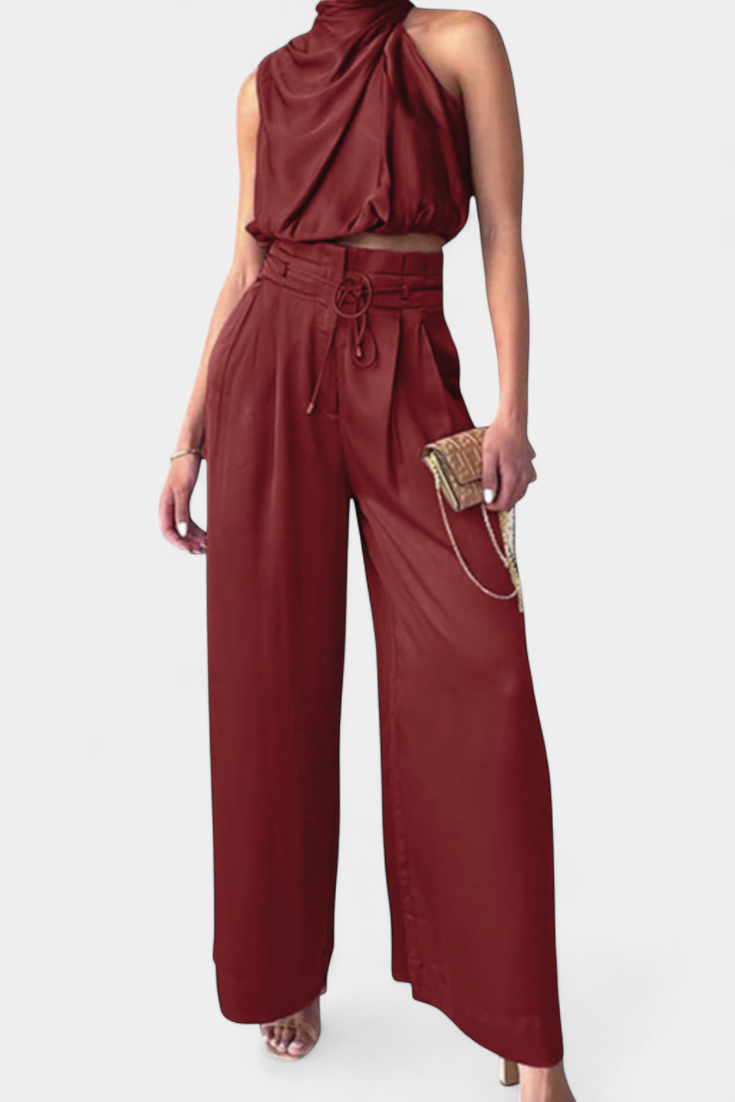 Helira Minimalist Set: Tailored Top with Pleated Palazzo Trousers