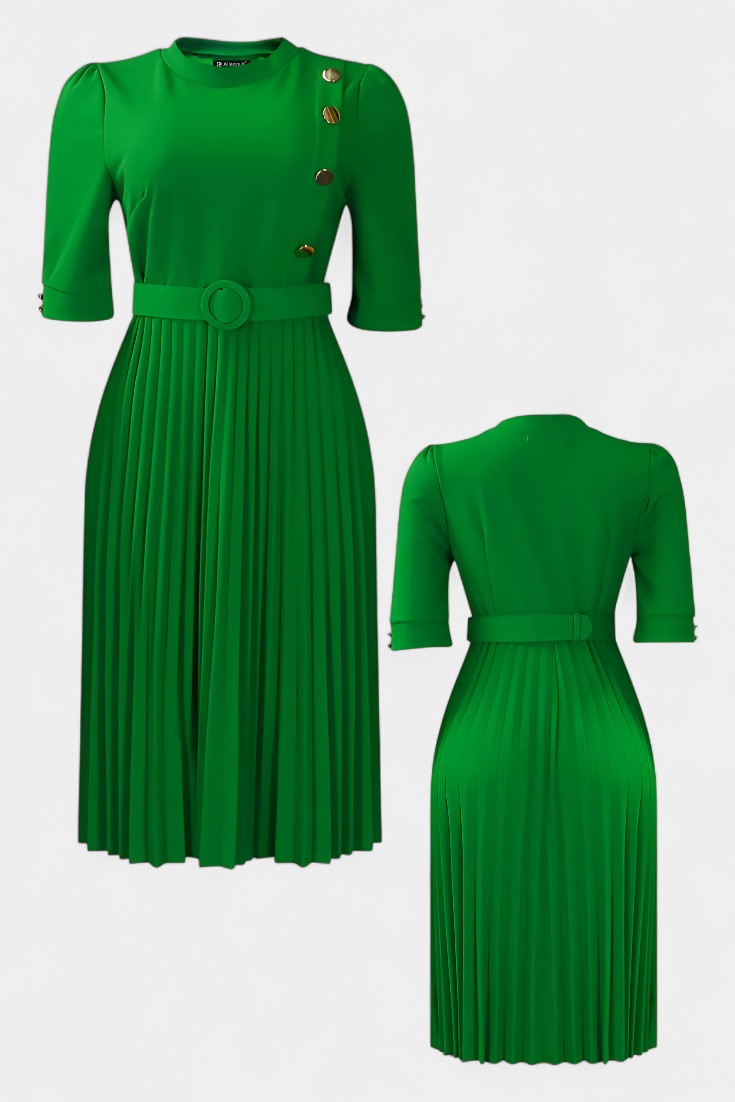 Zandie Chic Pleated Dress Featuring Stylish Decorative Buttons