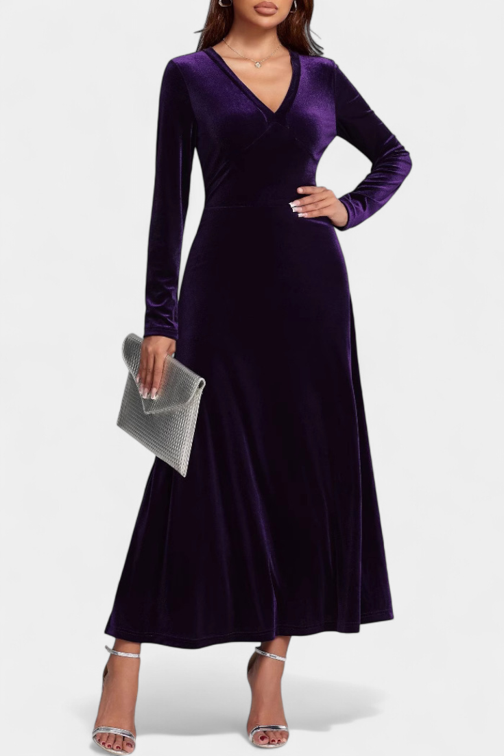 Alizée V-Neck Long Velvet Dress with Flared Silhouette