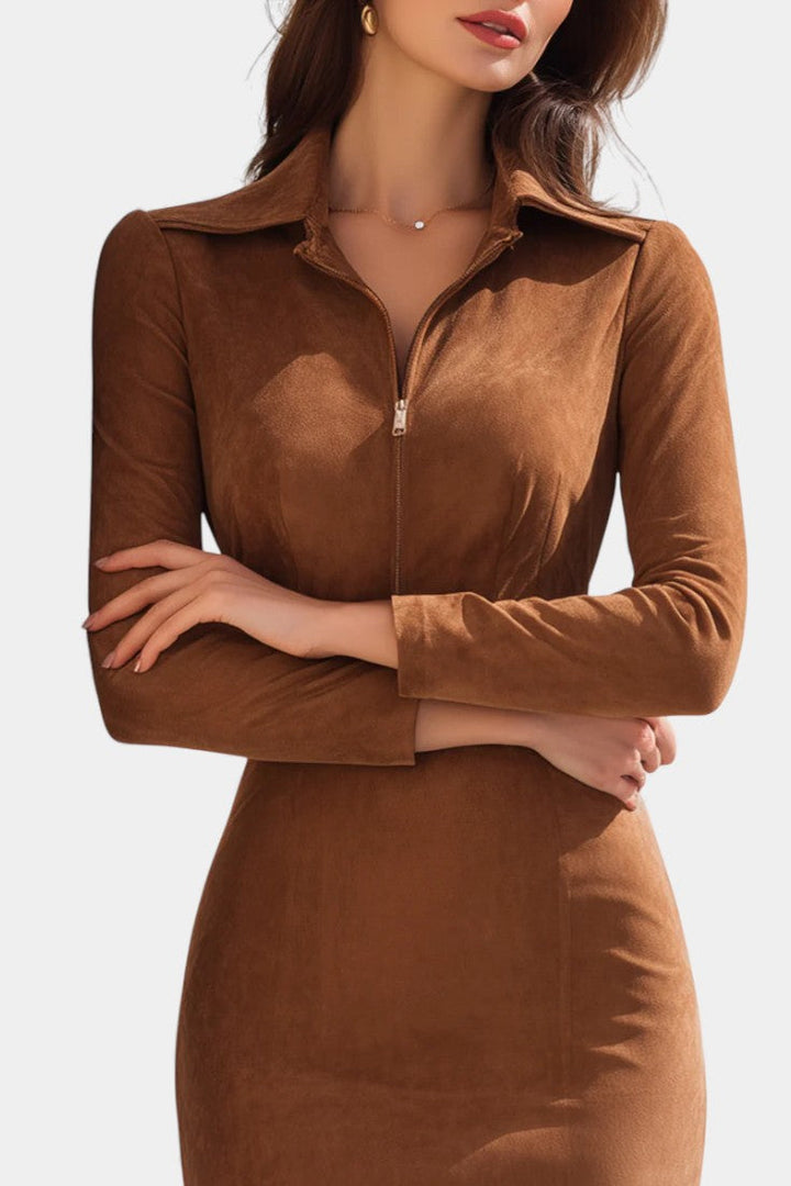 Charlène Caramel Suede Zip-Up Dress