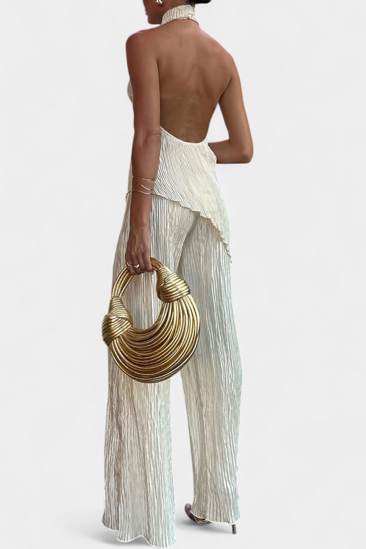 Pilarica Halter Neck Asymmetrical Top with Wide-Leg Pants Set