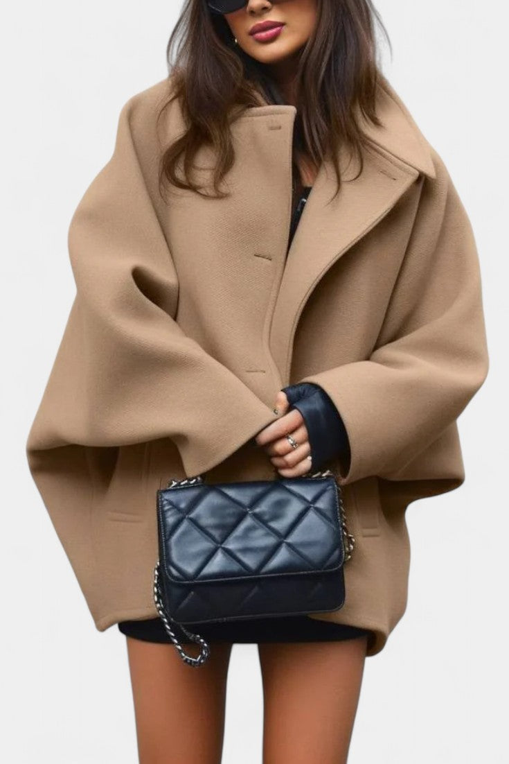 Ambreline Mid-Length Wool Batwing Coat featuring Notch Collar