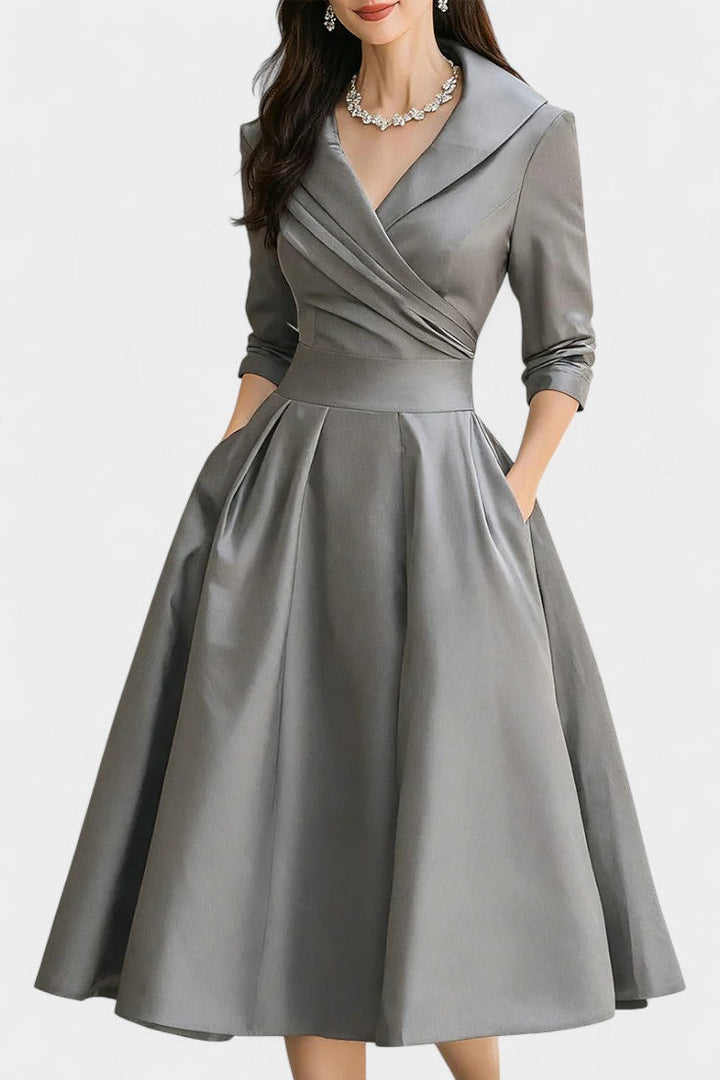 Solid Color Nixie Midi Dress with V-Neck and A-Line Silhouette